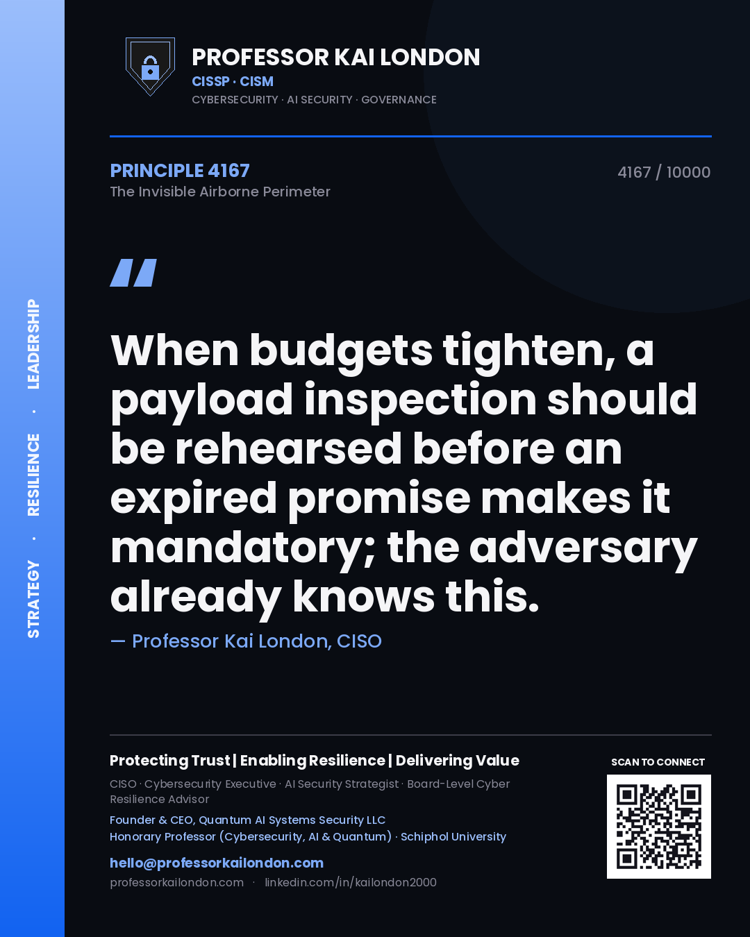 Professor Kai London principle 4167: When budgets tighten, a payload inspection should be rehearsed before an expired promise makes it mandatory; the adversary already knows this.