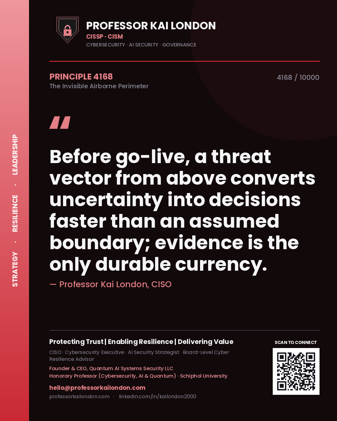 Professor Kai London principle 4168: Before go-live, a threat vector from above converts uncertainty into decisions faster than an assumed boundary; evidence is the only durable currency.
