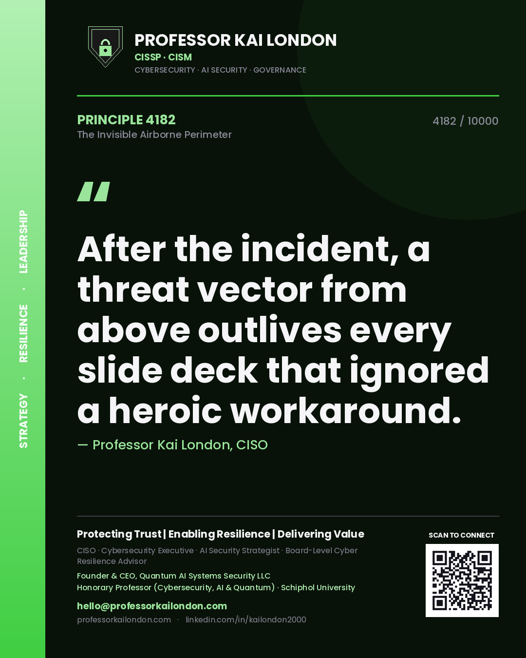 Professor Kai London principle 4182: After the incident, a threat vector from above outlives every slide deck that ignored a heroic workaround.