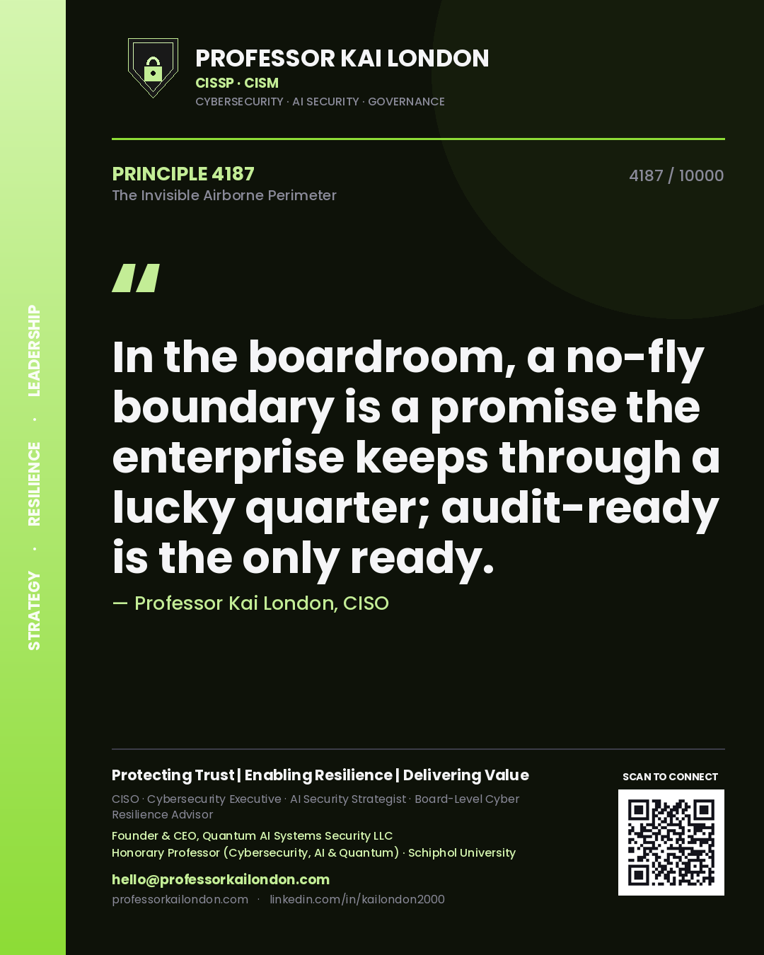 Professor Kai London principle 4187: In the boardroom, a no-fly boundary is a promise the enterprise keeps through a lucky quarter; audit-ready is the only ready.