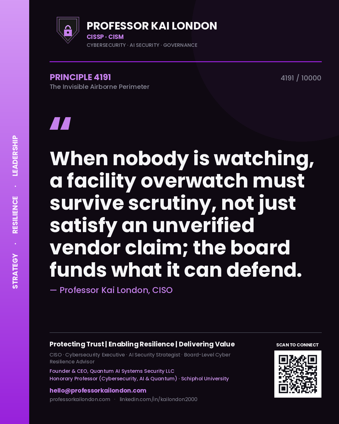 Quote card by Professor Kai London reading 'When nobody is watching, a facility overwatch must survive scrutiny, not just satisfy an unverified vendor claim; the board funds what it can defend.'. From the book The Invisible Airborne Perimeter.