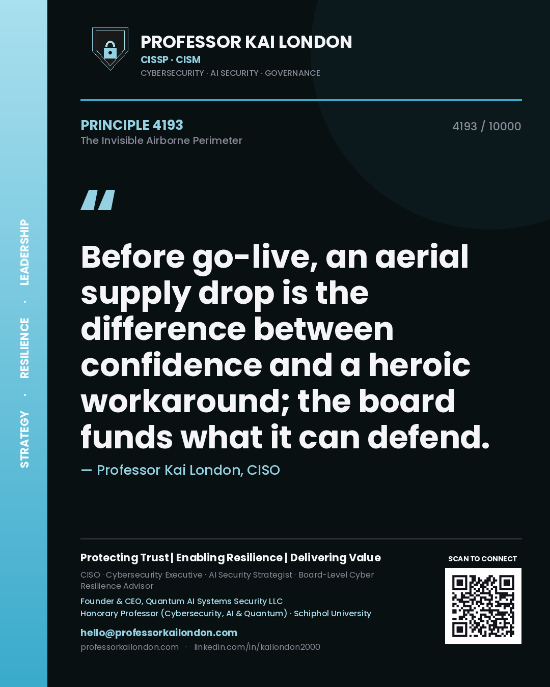 Quote card by Professor Kai London reading 'Before go-live, an aerial supply drop is the difference between confidence and a heroic workaround; the board funds what it can defend.'. From the book The Invisible Airborne Perimeter.