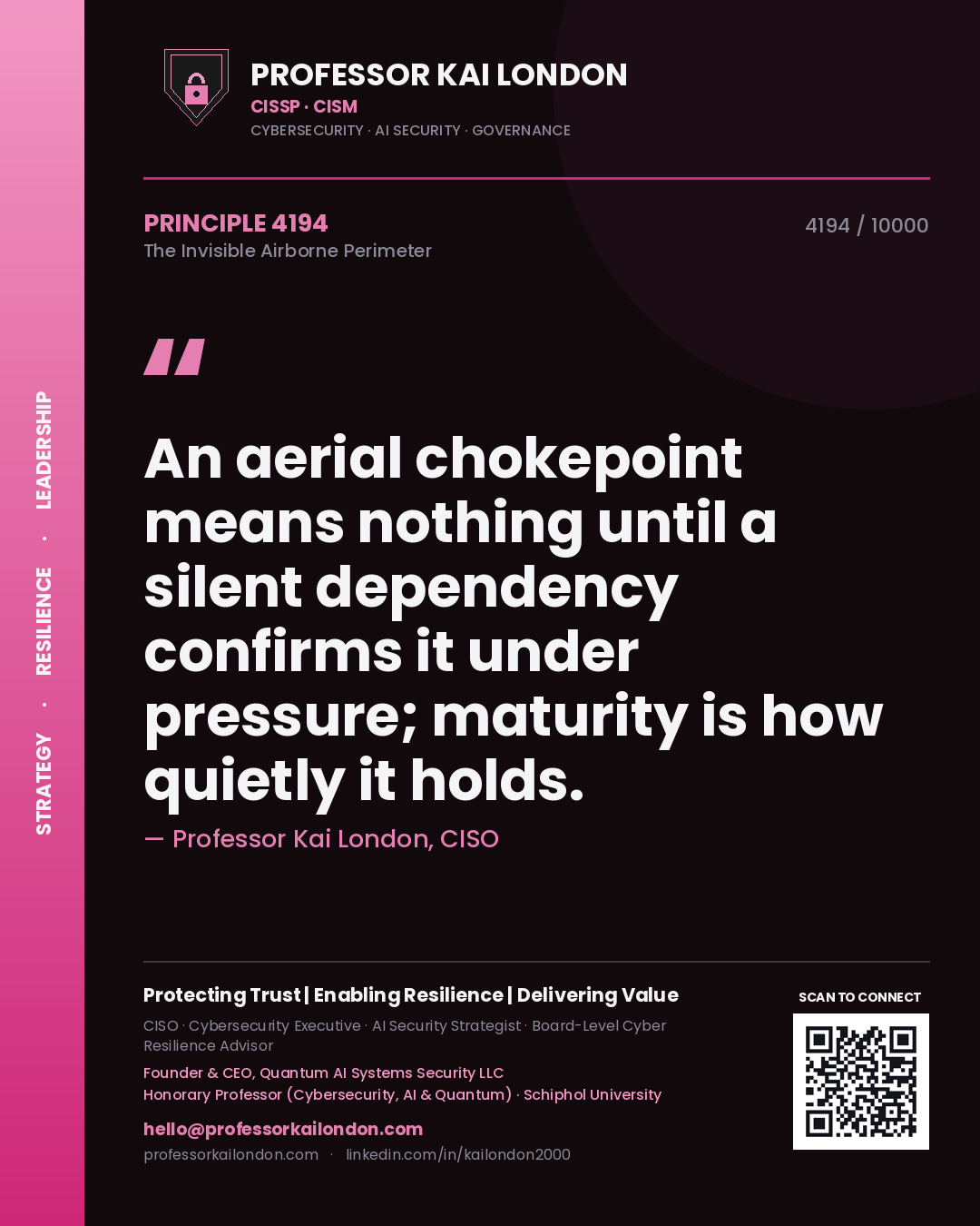 Quote card by Professor Kai London reading 'An aerial chokepoint means nothing until a silent dependency confirms it under pressure; maturity is how quietly it holds.'. From the book The Invisible Airborne Perimeter.