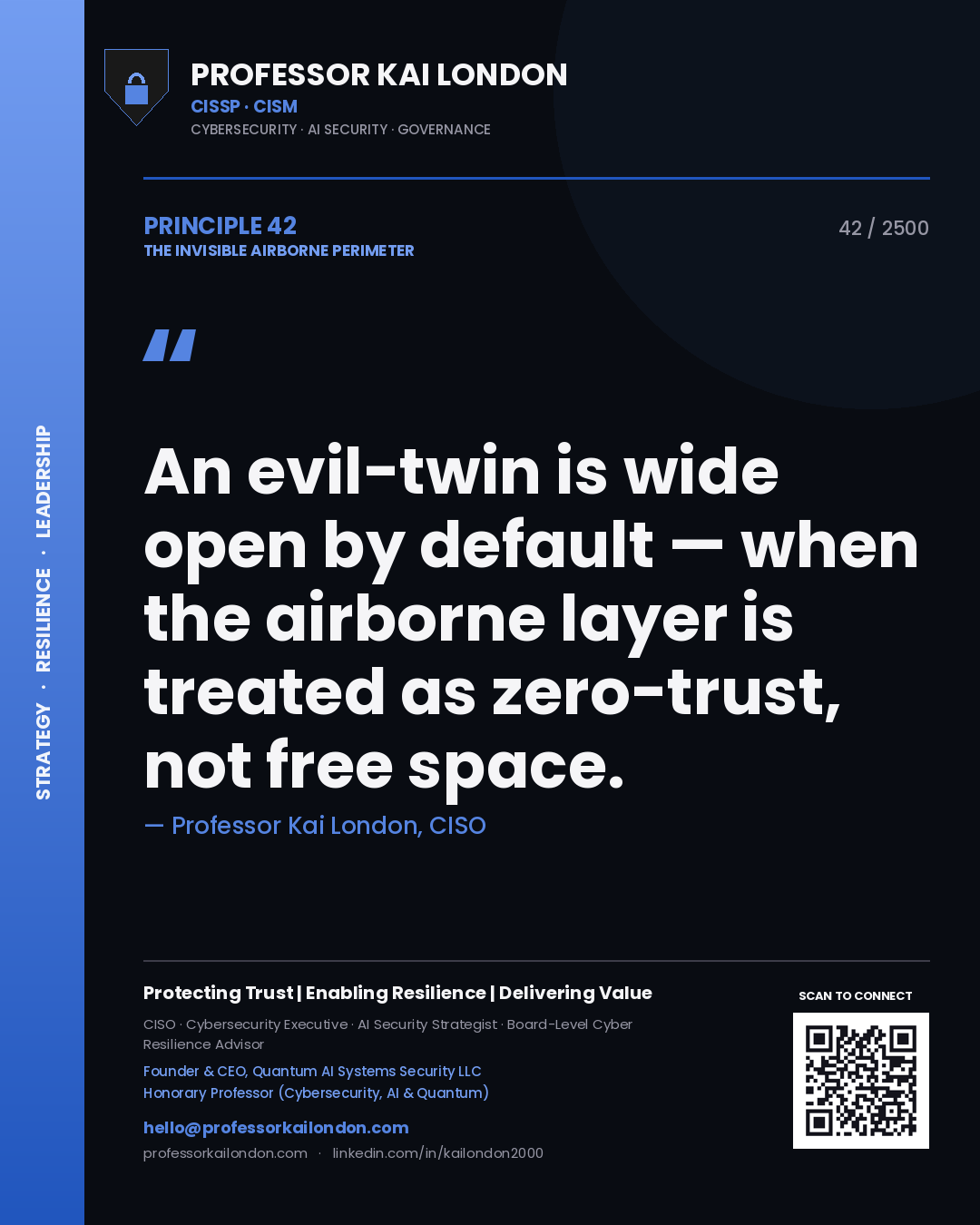 Professor Kai London principle 42: An evil-twin is wide open by default — when the airborne layer is treated as zero-trust, not free space.