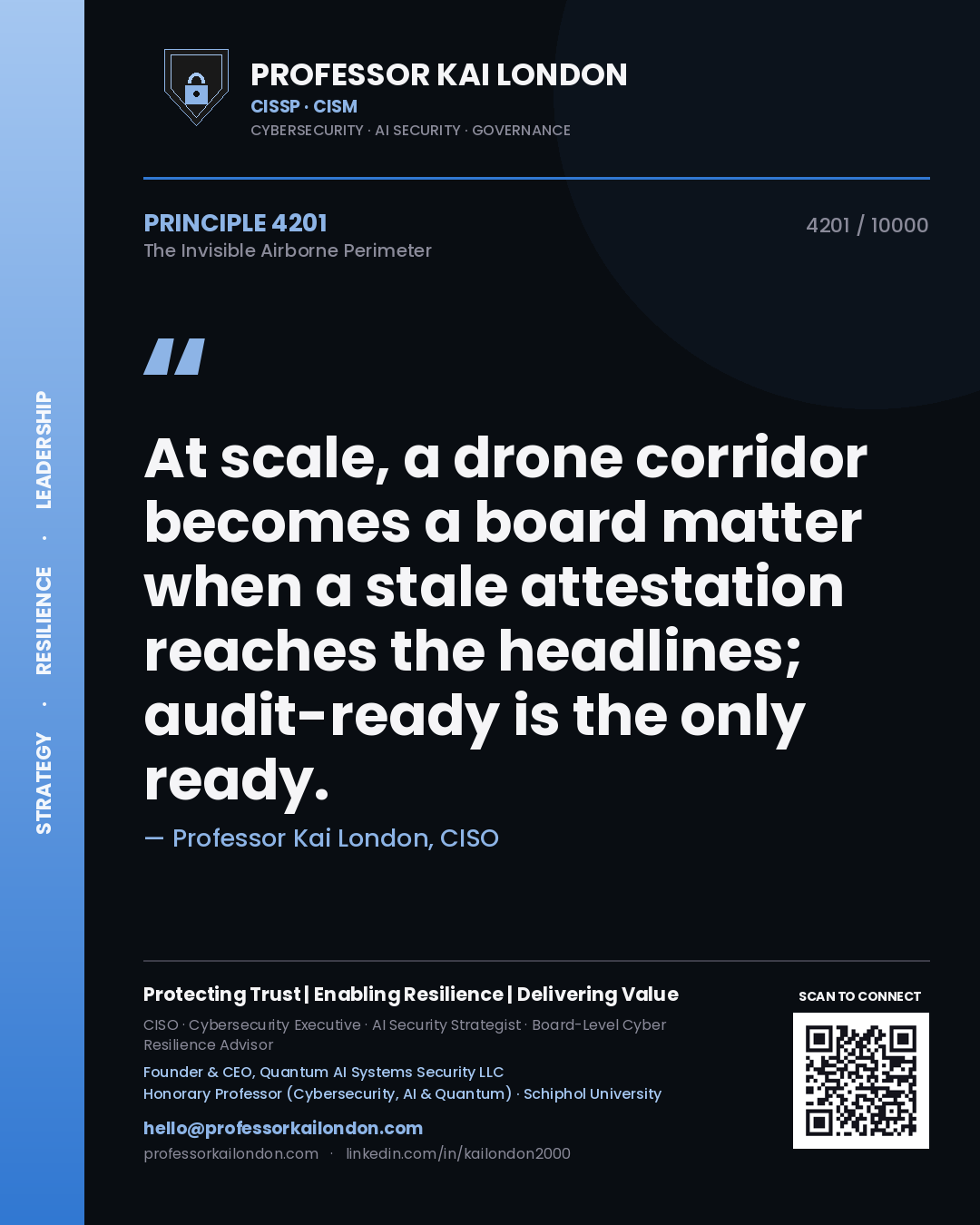 Professor Kai London principle 4201: At scale, a drone corridor becomes a board matter when a stale attestation reaches the headlines; audit-ready is the only ready.