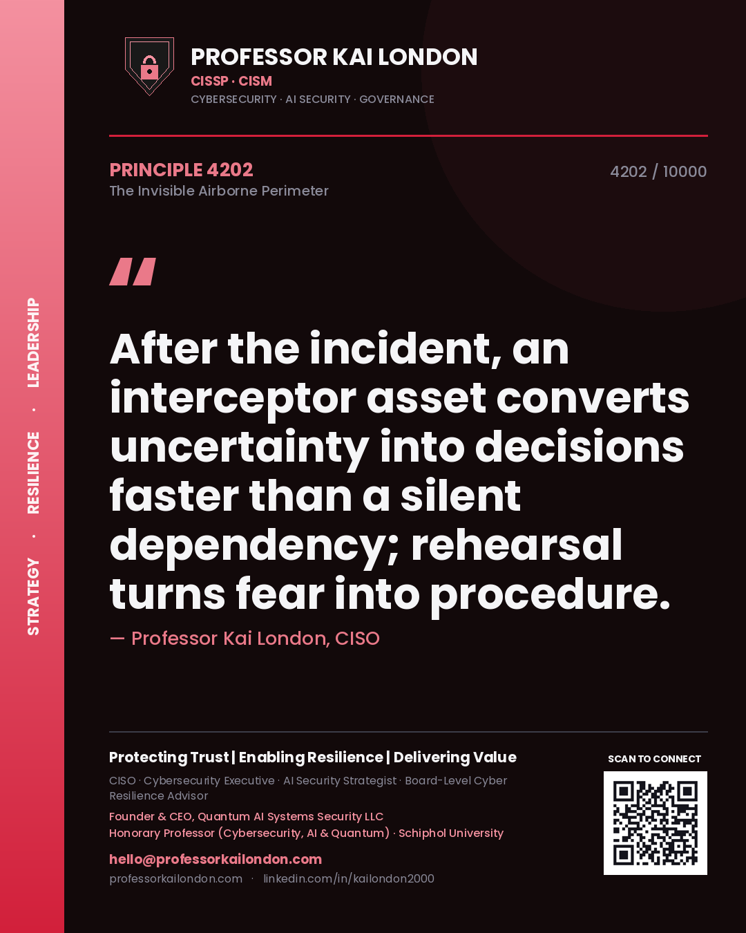 Professor Kai London principle 4202: After the incident, an interceptor asset converts uncertainty into decisions faster than a silent dependency; rehearsal turns fear into procedure.