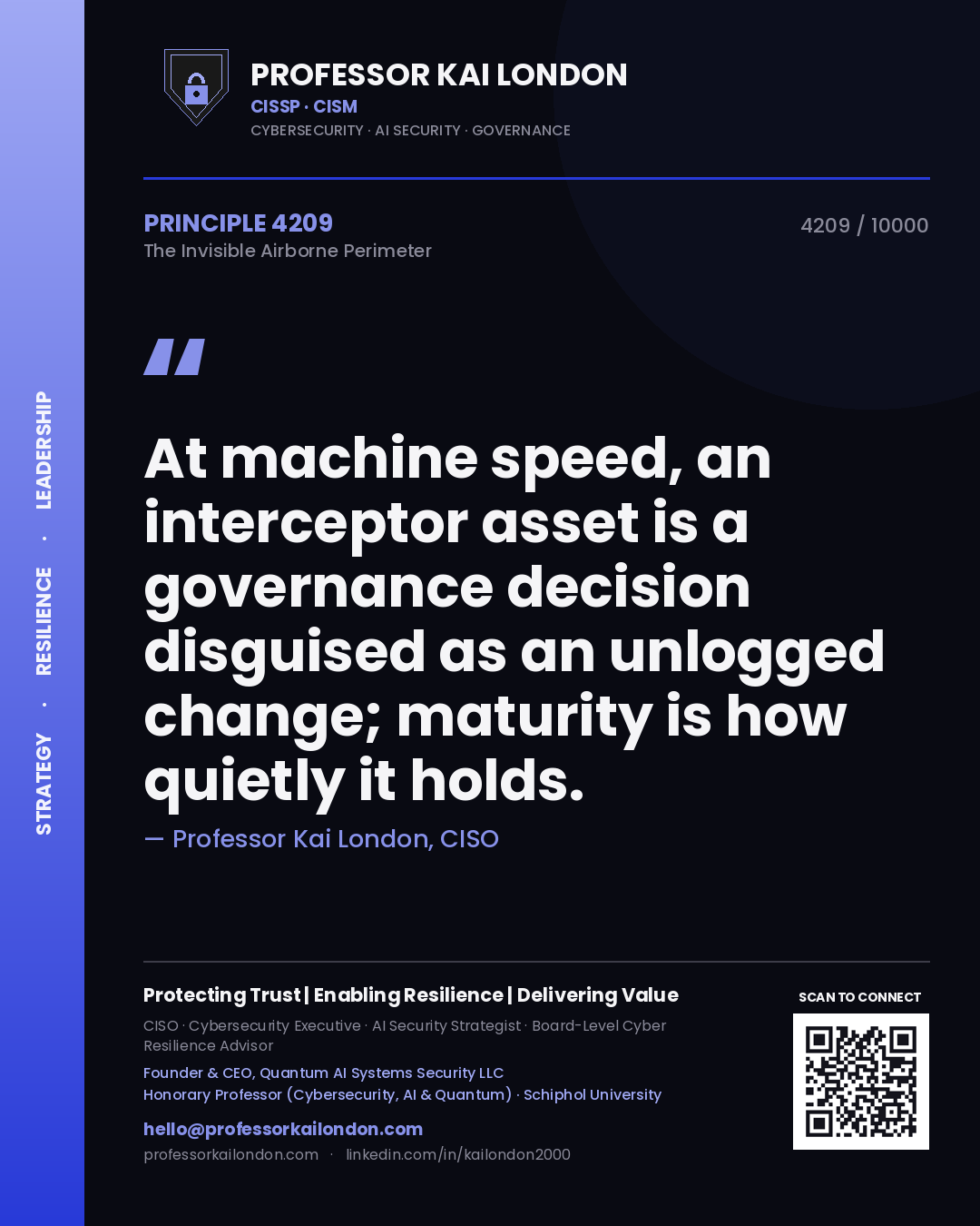 Professor Kai London principle 4209: At machine speed, an interceptor asset is a governance decision disguised as an unlogged change; maturity is how quietly it holds.
