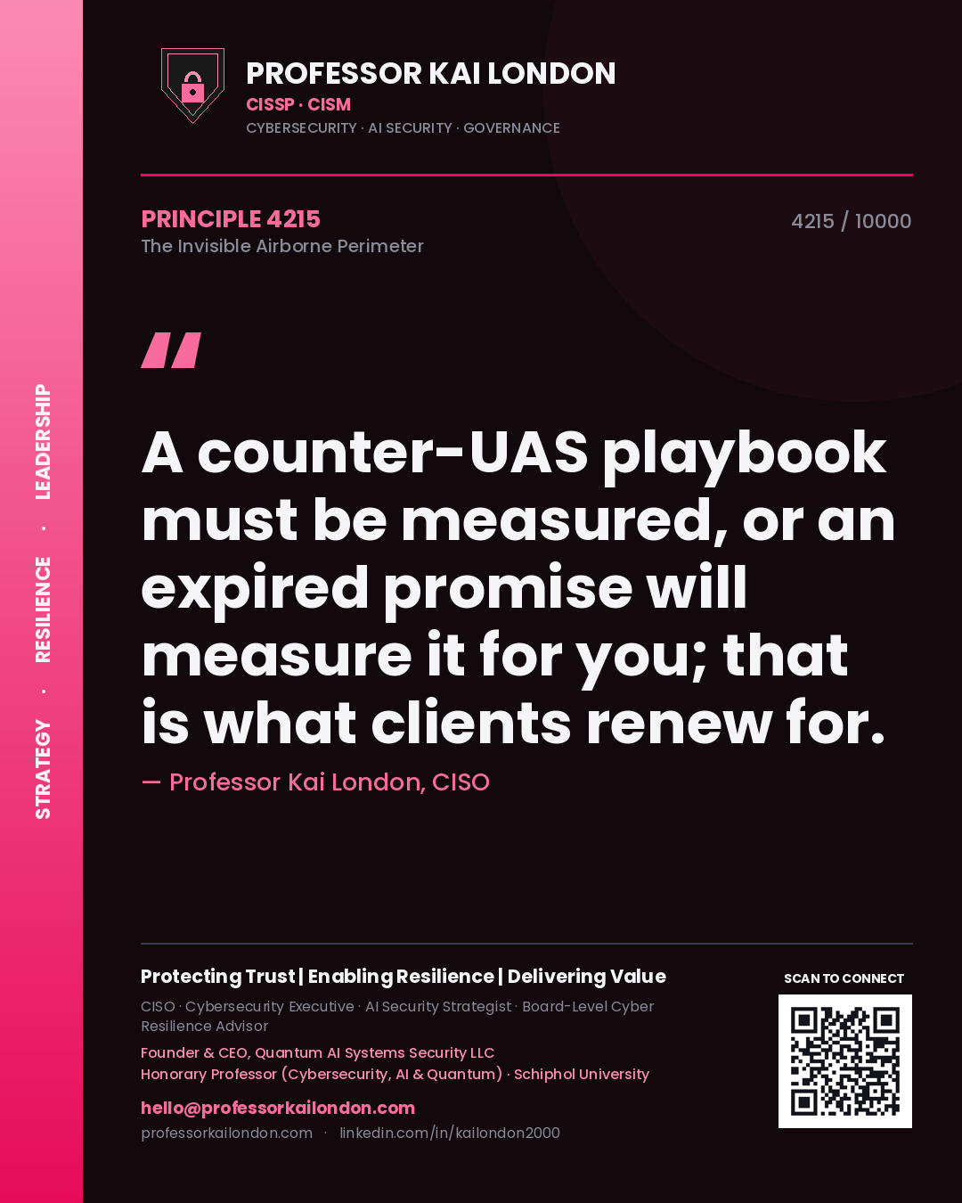 Professor Kai London principle 4215: A counter-UAS playbook must be measured, or an expired promise will measure it for you; that is what clients renew for.