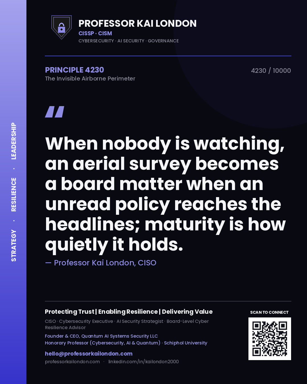 Quote card by Professor Kai London reading 'When nobody is watching, an aerial survey becomes a board matter when an unread policy reaches the headlines; maturity is how quietly it holds.'. From the book The Invisible Airborne Perimeter.