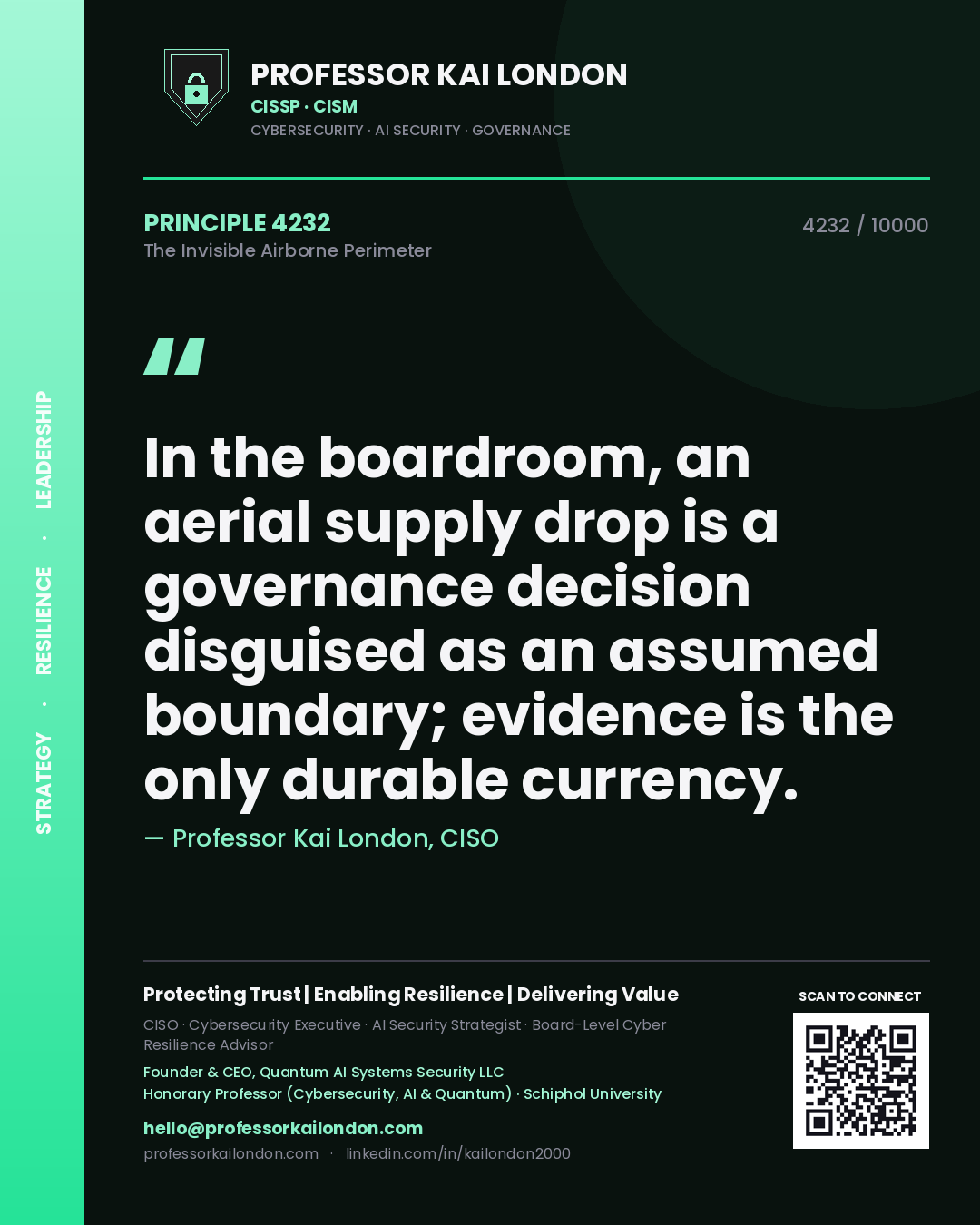 Professor Kai London principle 4232: In the boardroom, an aerial supply drop is a governance decision disguised as an assumed boundary; evidence is the only durable currency.