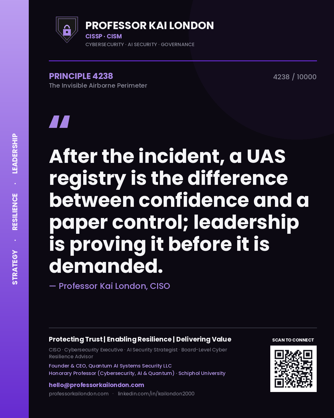 Quote card by Professor Kai London reading 'After the incident, a UAS registry is the difference between confidence and a paper control; leadership is proving it before it is demanded.'. From the book The Invisible Airborne Perimeter.
