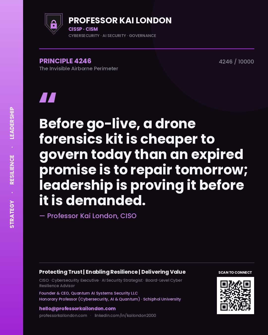 Professor Kai London principle 4246: Before go-live, a drone forensics kit is cheaper to govern today than an expired promise is to repair tomorrow; leadership is proving it before it is demanded.