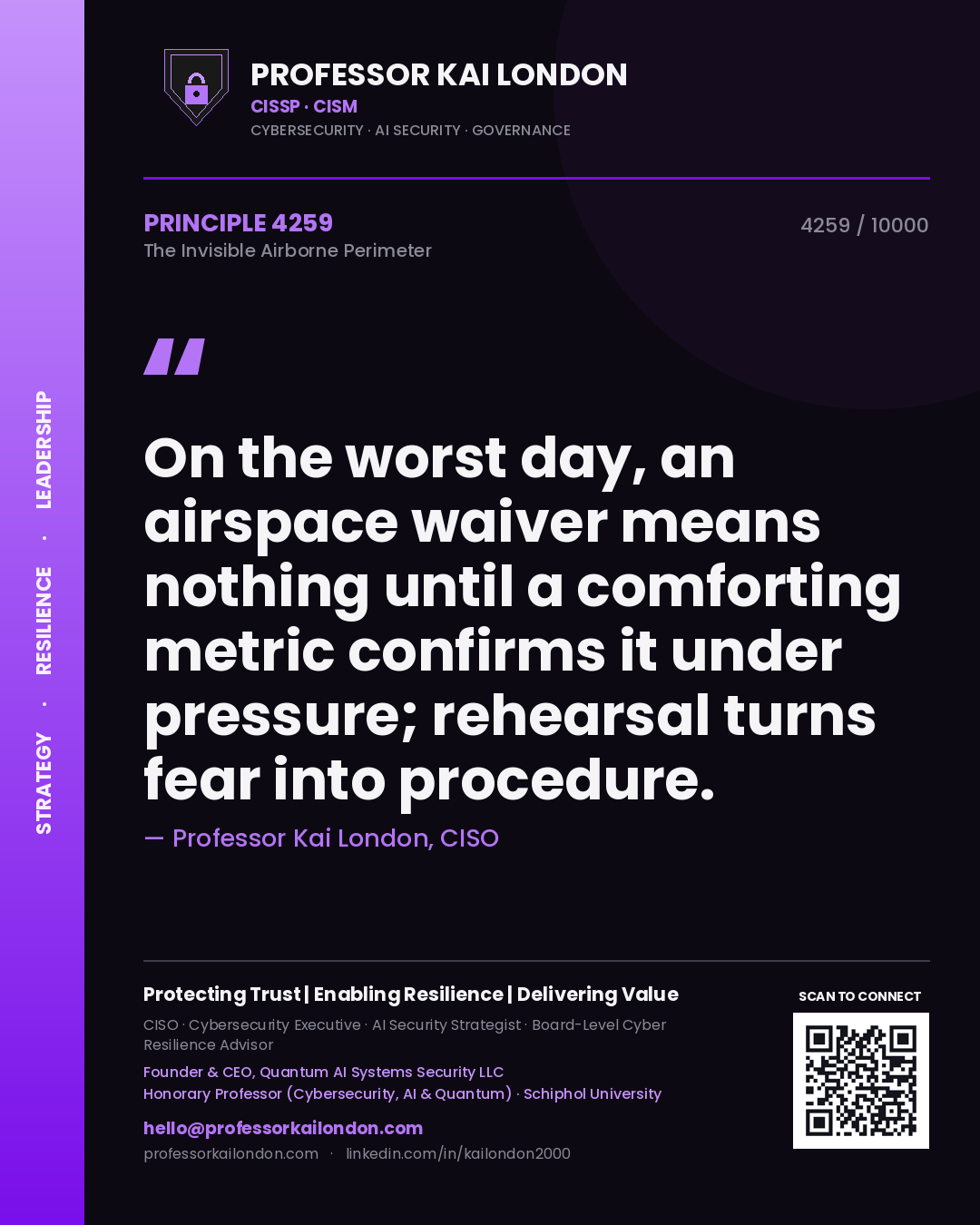 Quote card by Professor Kai London reading 'On the worst day, an airspace waiver means nothing until a comforting metric confirms it under pressure; rehearsal turns fear into procedure.'. From the book The Invisible Airborne Perimeter.