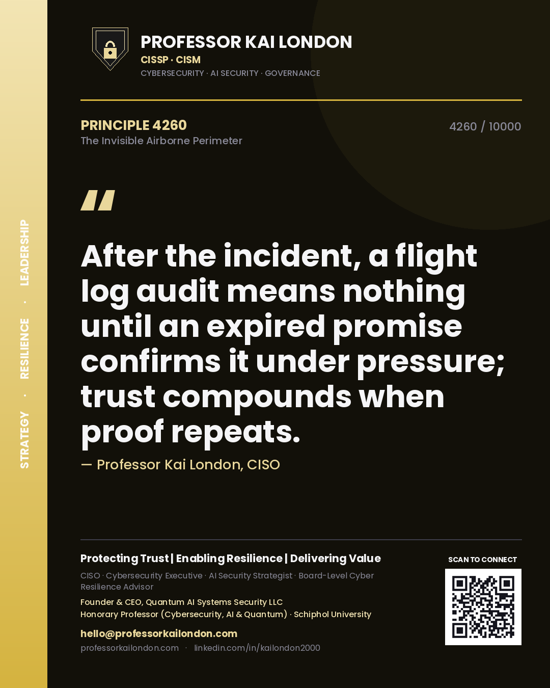 Professor Kai London principle 4260: After the incident, a flight log audit means nothing until an expired promise confirms it under pressure; trust compounds when proof repeats.