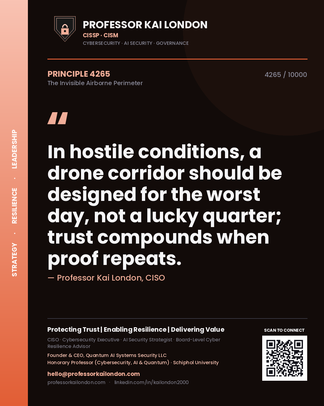 Professor Kai London principle 4265: In hostile conditions, a drone corridor should be designed for the worst day, not a lucky quarter; trust compounds when proof repeats.
