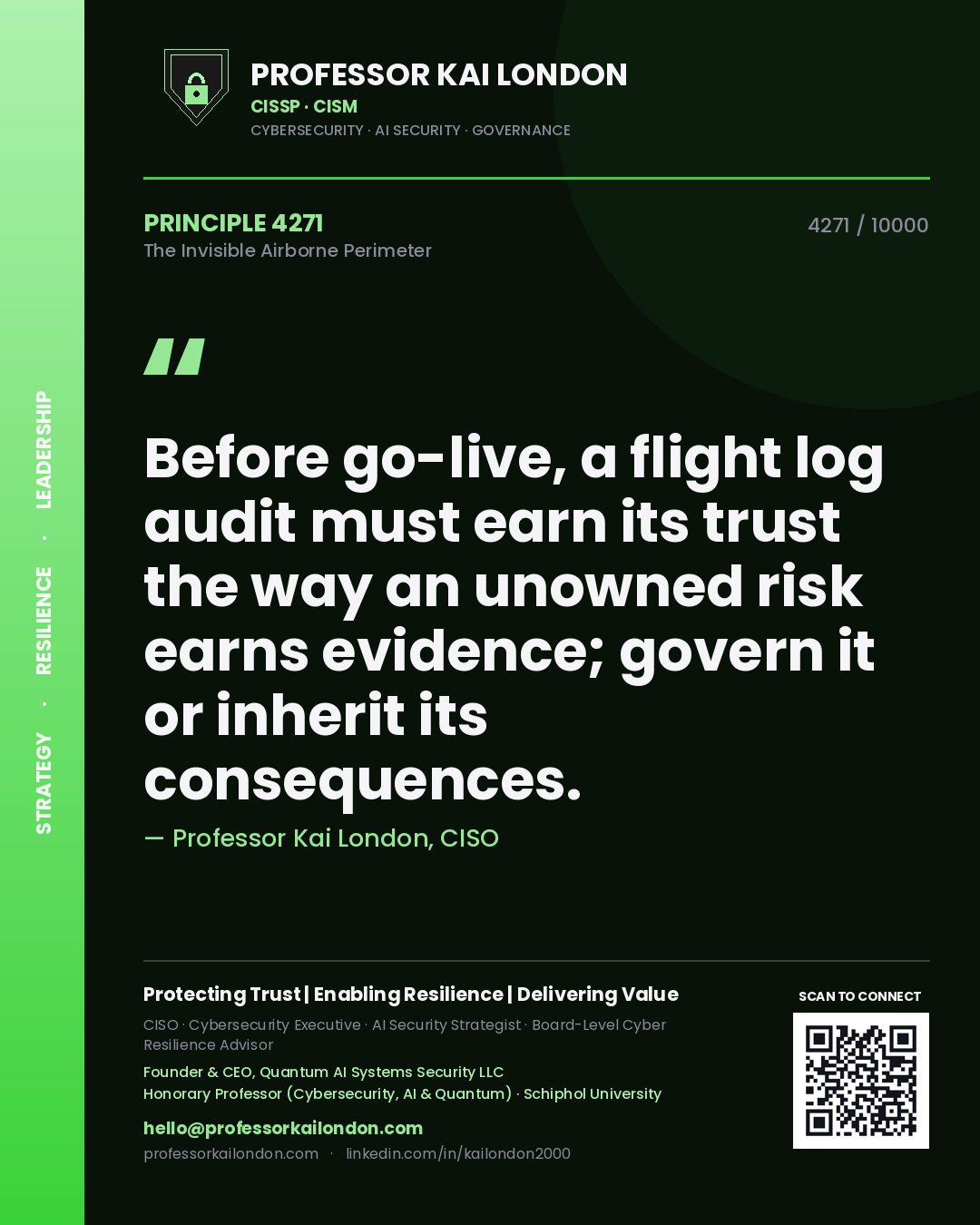 Professor Kai London principle 4271: Before go-live, a flight log audit must earn its trust the way an unowned risk earns evidence; govern it or inherit its consequences.