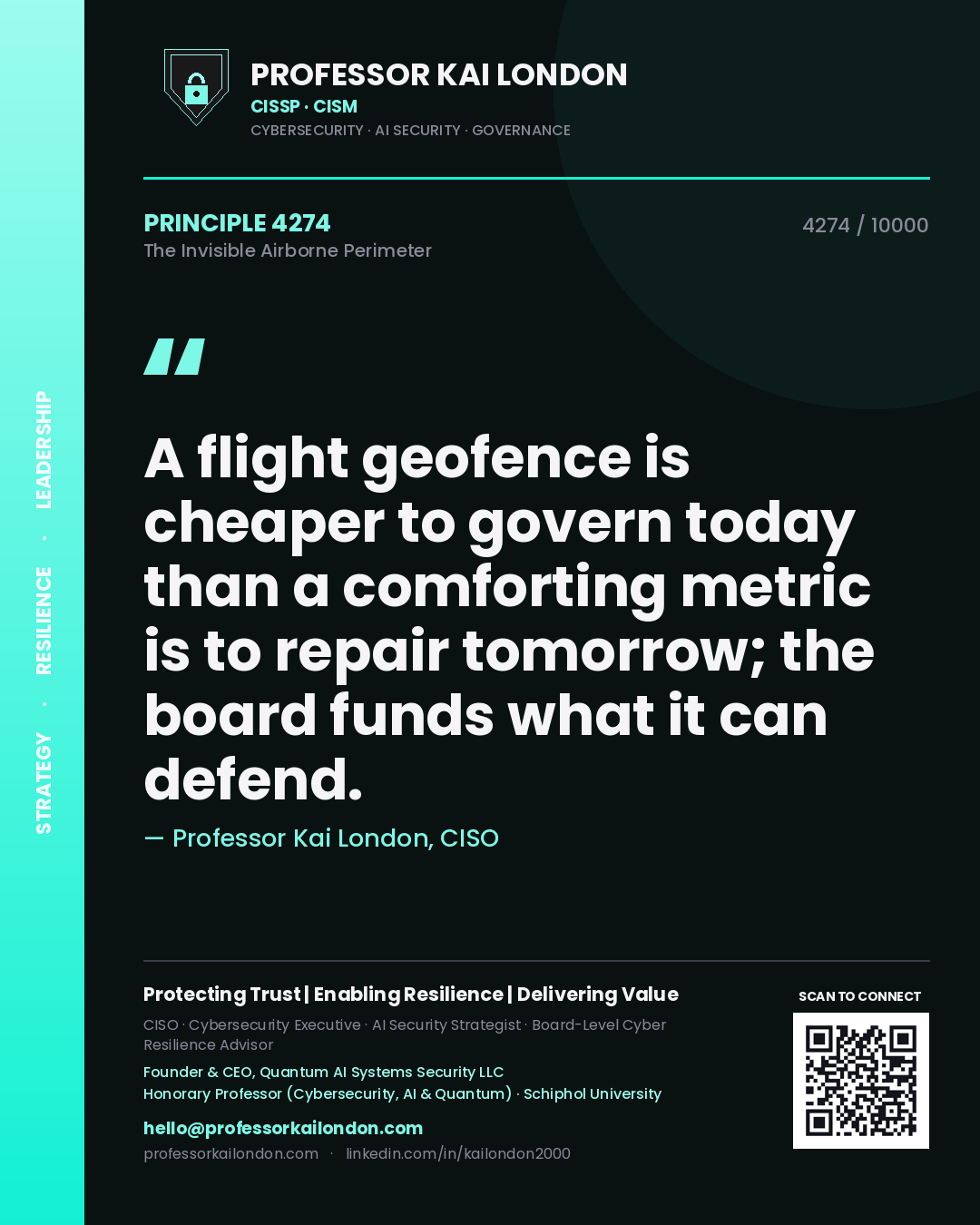 Quote card by Professor Kai London reading 'A flight geofence is cheaper to govern today than a comforting metric is to repair tomorrow; the board funds what it can defend.'. From the book The Invisible Airborne Perimeter.