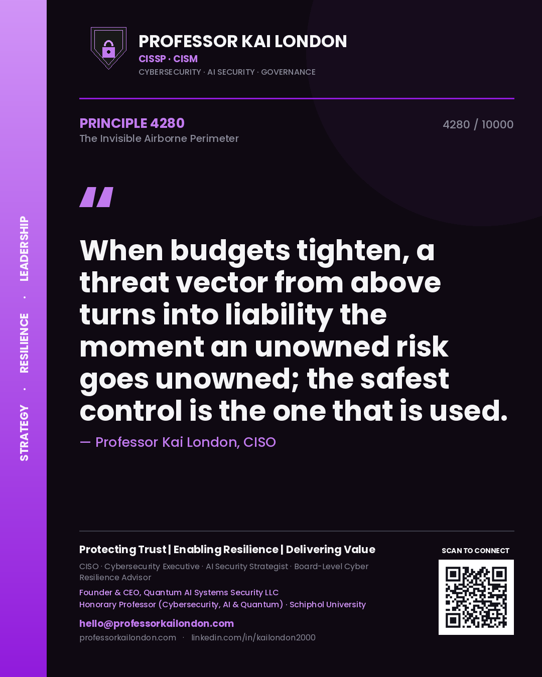 Quote card by Professor Kai London reading 'When budgets tighten, a threat vector from above turns into liability the moment an unowned risk goes unowned; the safest control is the one that is used.'. From the book The Invisible Airborne Perimeter.