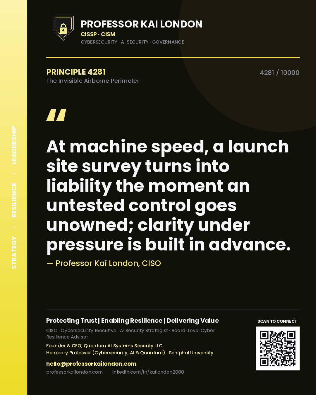 Quote card by Professor Kai London reading 'At machine speed, a launch site survey turns into liability the moment an untested control goes unowned; clarity under pressure is built in advance.'. From the book The Invisible Airborne Perimeter.