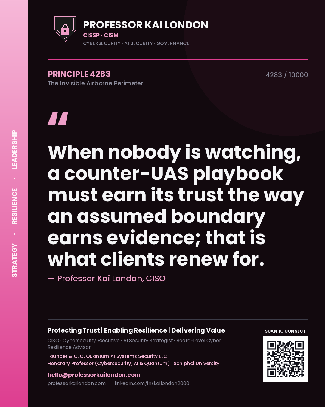 Quote card by Professor Kai London reading 'When nobody is watching, a counter-UAS playbook must earn its trust the way an assumed boundary earns evidence; that is what clients renew for.'. From the book The Invisible Airborne Perimeter.