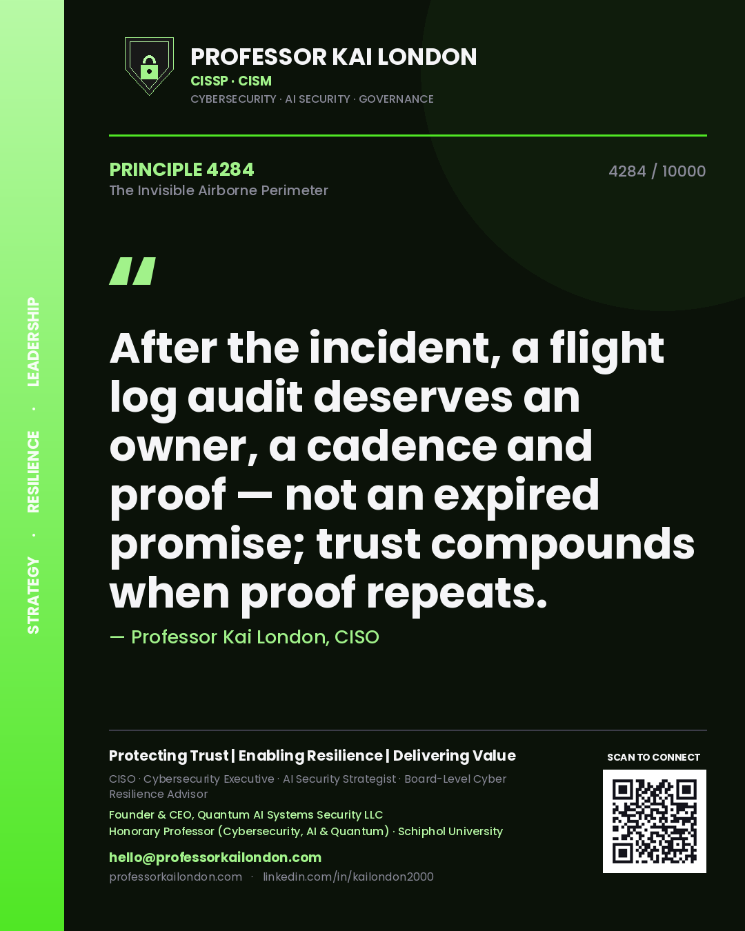 Quote card by Professor Kai London reading 'After the incident, a flight log audit deserves an owner, a cadence and proof — not an expired promise; trust compounds when proof repeats.'. From the book The Invisible Airborne Perimeter.