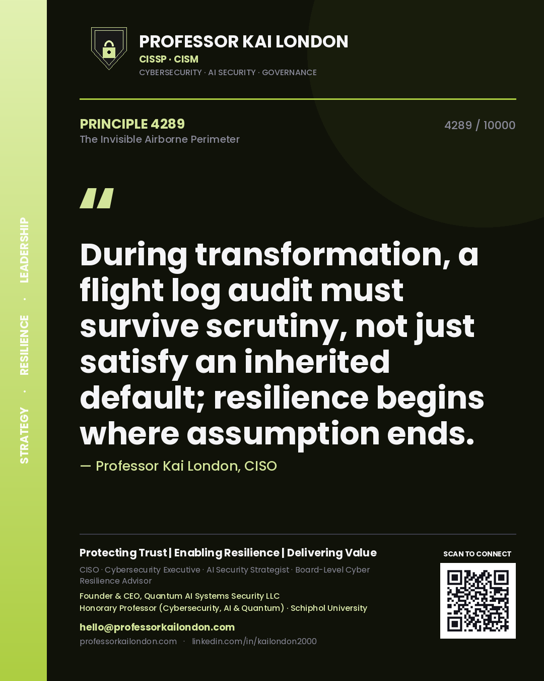 Professor Kai London principle 4289: During transformation, a flight log audit must survive scrutiny, not just satisfy an inherited default; resilience begins where assumption ends.