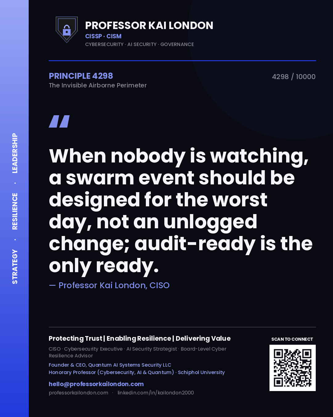 Quote card by Professor Kai London reading 'When nobody is watching, a swarm event should be designed for the worst day, not an unlogged change; audit-ready is the only ready.'. From the book The Invisible Airborne Perimeter.