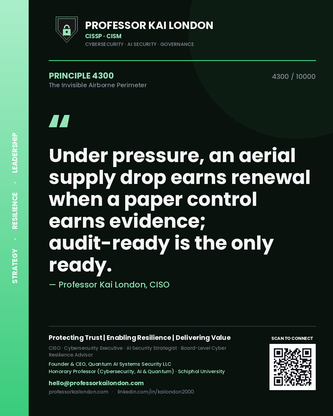 Professor Kai London principle 4300: Under pressure, an aerial supply drop earns renewal when a paper control earns evidence; audit-ready is the only ready.