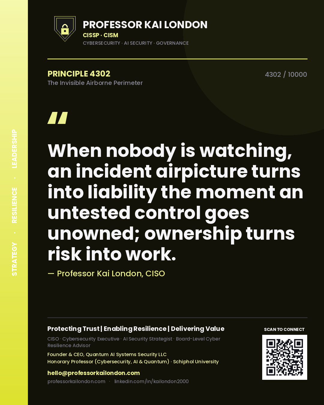 Professor Kai London principle 4302: When nobody is watching, an incident airpicture turns into liability the moment an untested control goes unowned; ownership turns risk into work.