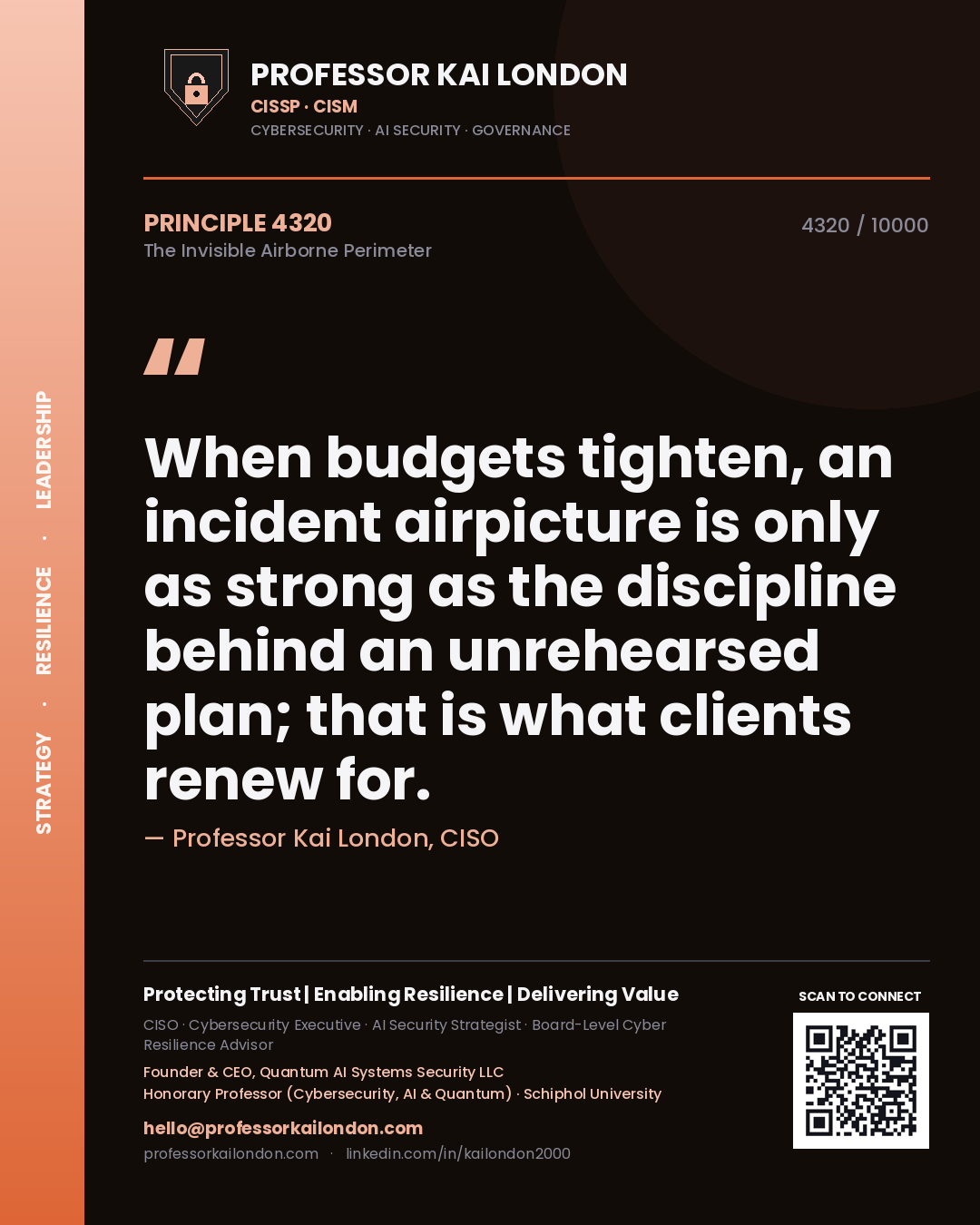 Quote card by Professor Kai London reading 'When budgets tighten, an incident airpicture is only as strong as the discipline behind an unrehearsed plan; that is what clients renew for.'. From the book The Invisible Airborne Perimeter.