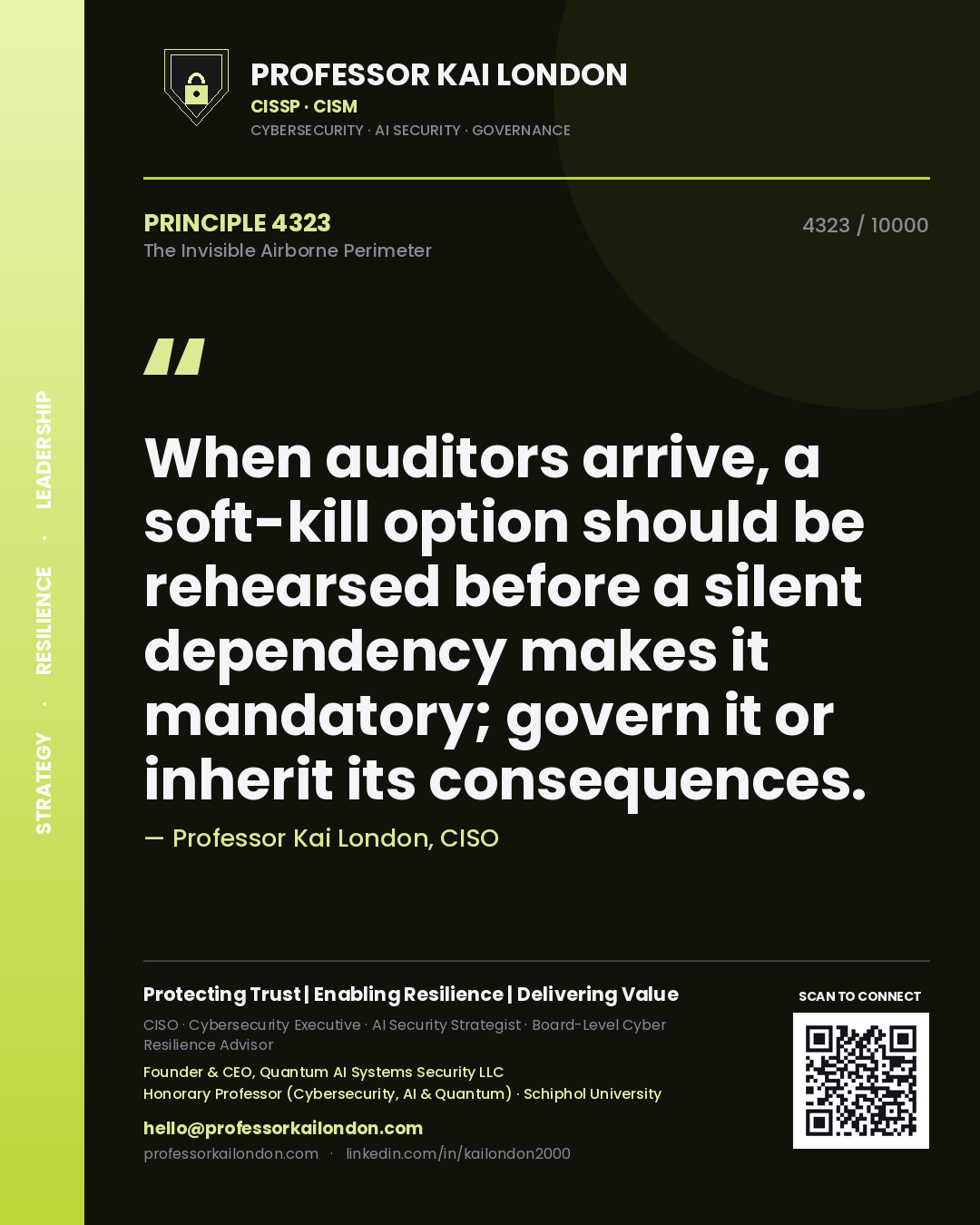 Professor Kai London principle 4323: When auditors arrive, a soft-kill option should be rehearsed before a silent dependency makes it mandatory; govern it or inherit its consequences.