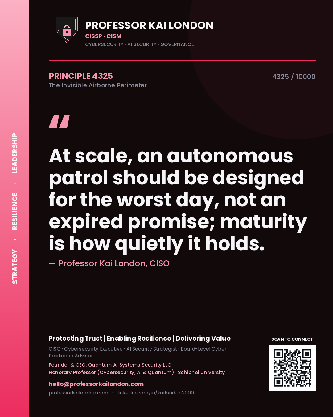 Quote card by Professor Kai London reading 'At scale, an autonomous patrol should be designed for the worst day, not an expired promise; maturity is how quietly it holds.'. From the book The Invisible Airborne Perimeter.