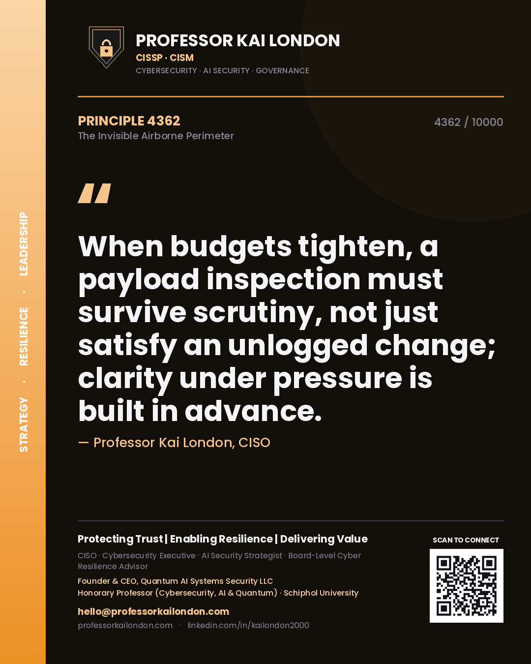 Professor Kai London principle 4362: When budgets tighten, a payload inspection must survive scrutiny, not just satisfy an unlogged change; clarity under pressure is built in advance.