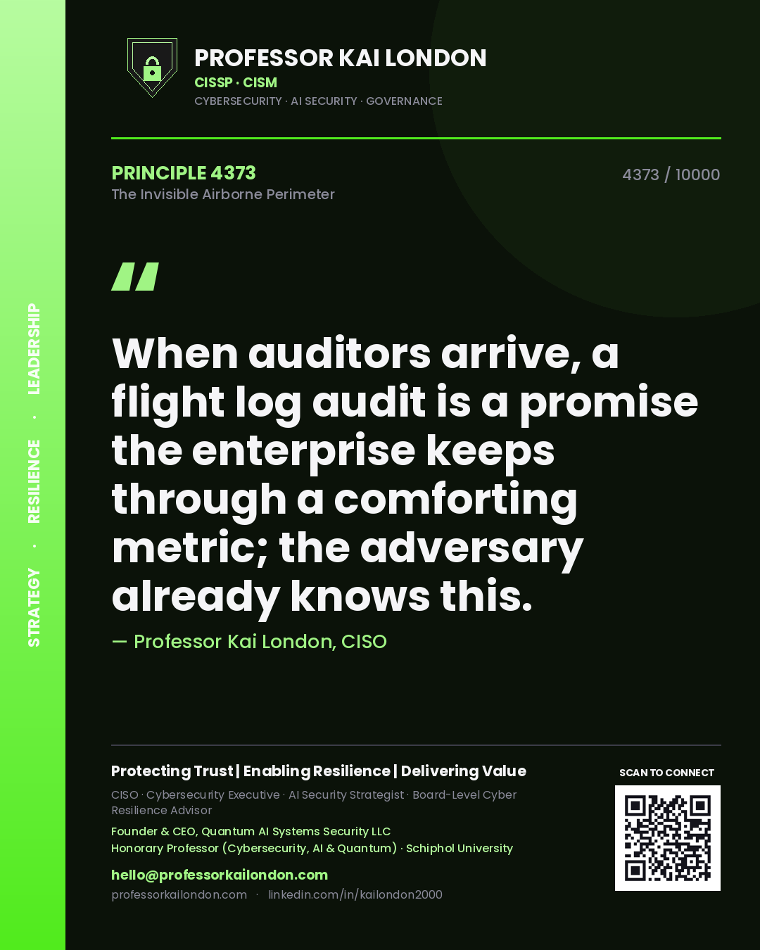 Quote card by Professor Kai London reading 'When auditors arrive, a flight log audit is a promise the enterprise keeps through a comforting metric; the adversary already knows this.'. From the book The Invisible Airborne Perimeter.