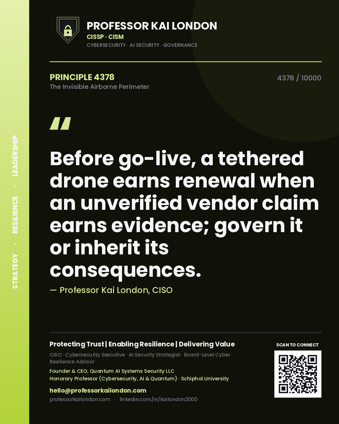 Professor Kai London principle 4378: Before go-live, a tethered drone earns renewal when an unverified vendor claim earns evidence; govern it or inherit its consequences.