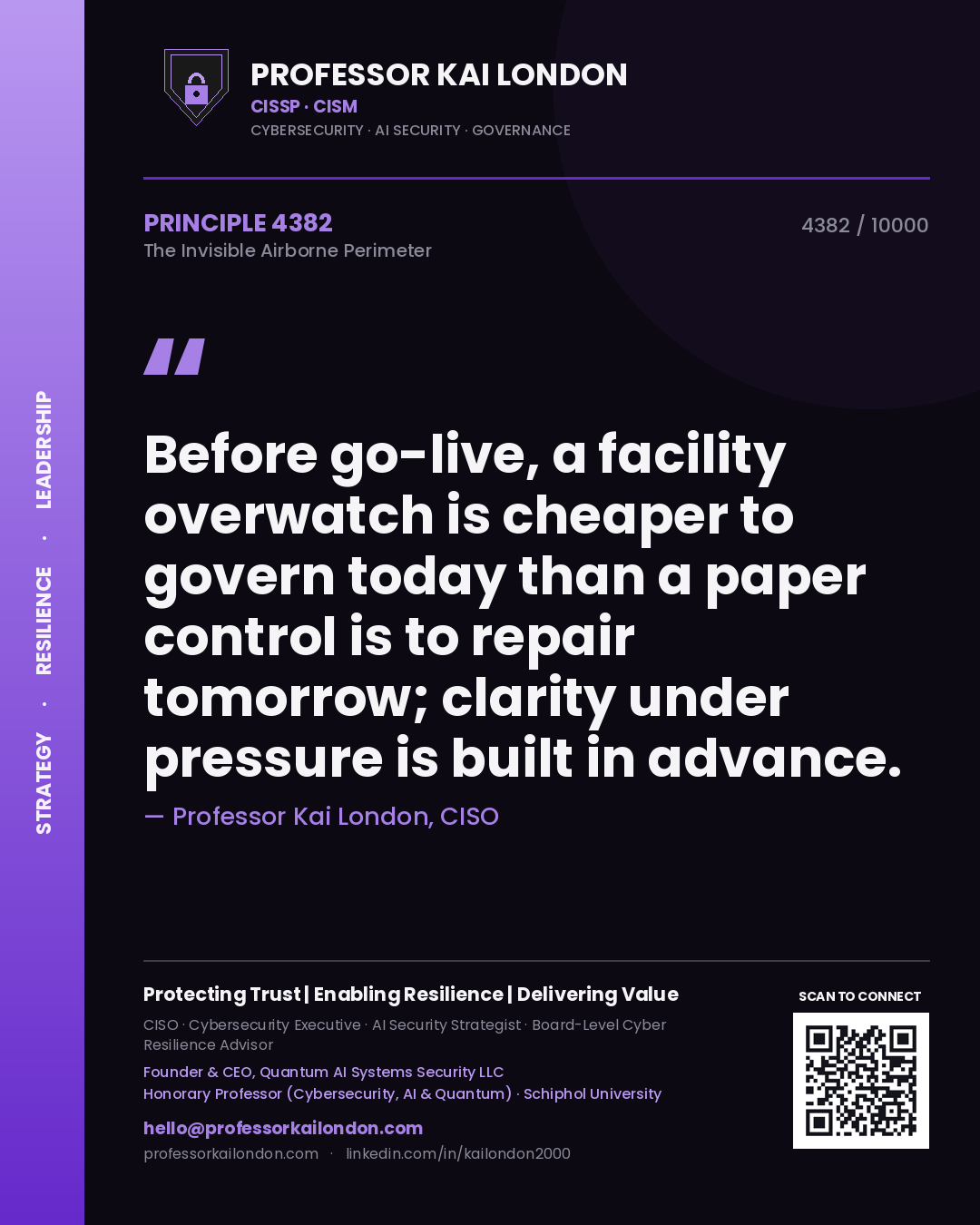 Professor Kai London principle 4382: Before go-live, a facility overwatch is cheaper to govern today than a paper control is to repair tomorrow; clarity under pressure is built in advance.