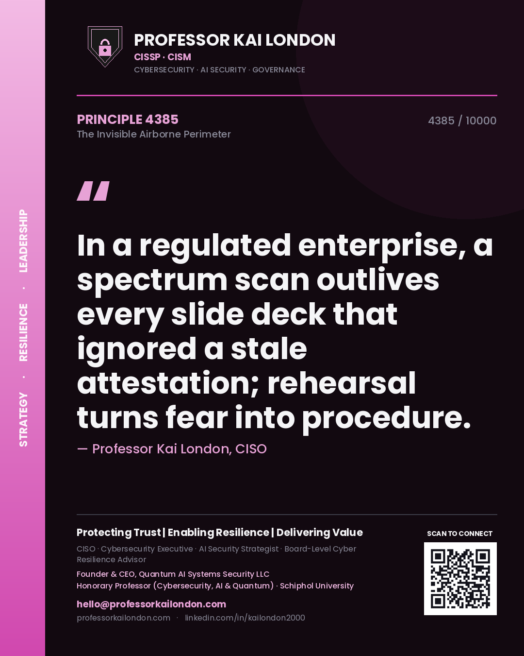 Quote card by Professor Kai London reading 'In a regulated enterprise, a spectrum scan outlives every slide deck that ignored a stale attestation; rehearsal turns fear into procedure.'. From the book The Invisible Airborne Perimeter.
