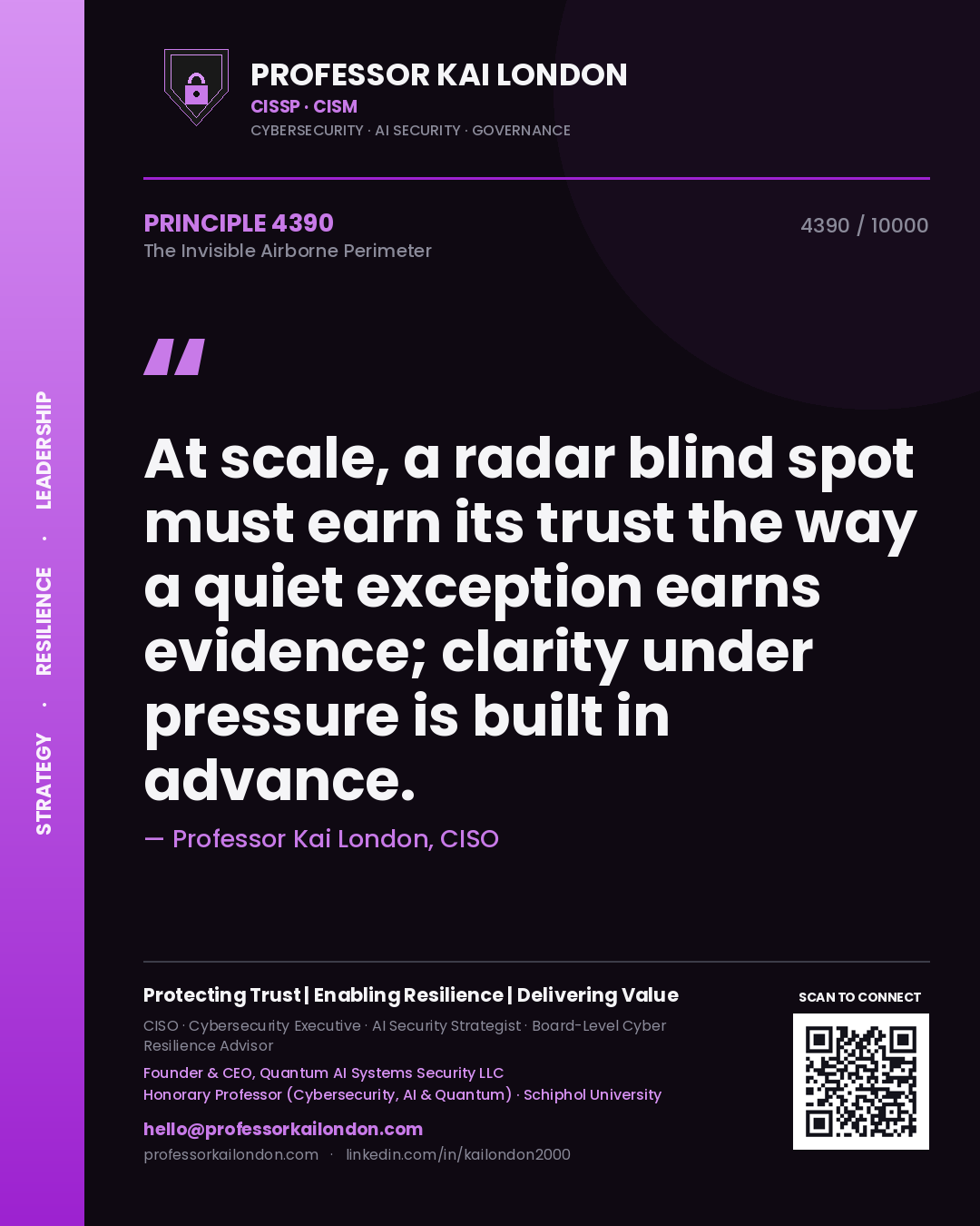 Quote card by Professor Kai London reading 'At scale, a radar blind spot must earn its trust the way a quiet exception earns evidence; clarity under pressure is built in advance.'. From the book The Invisible Airborne Perimeter.