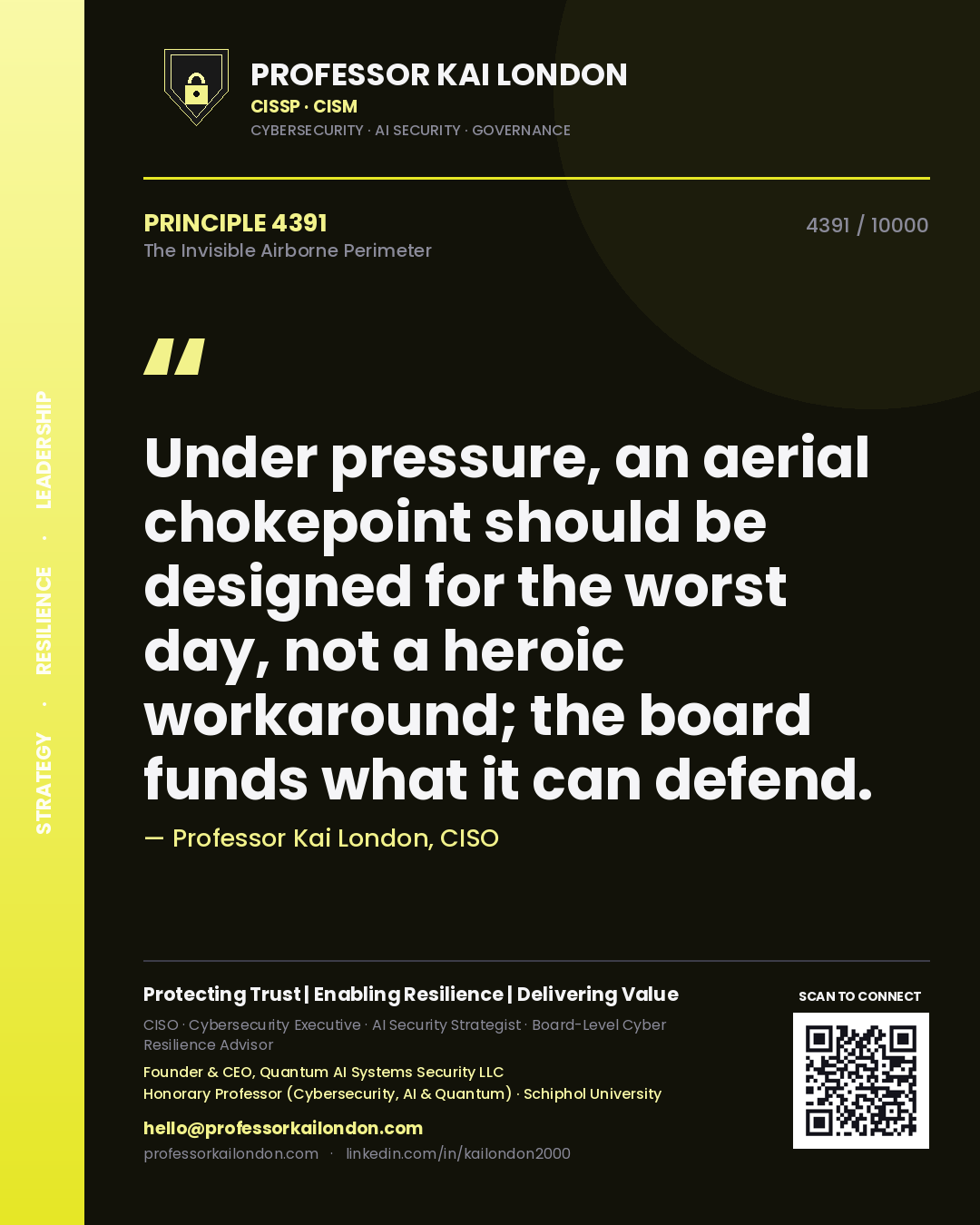 Professor Kai London principle 4391: Under pressure, an aerial chokepoint should be designed for the worst day, not a heroic workaround; the board funds what it can defend.