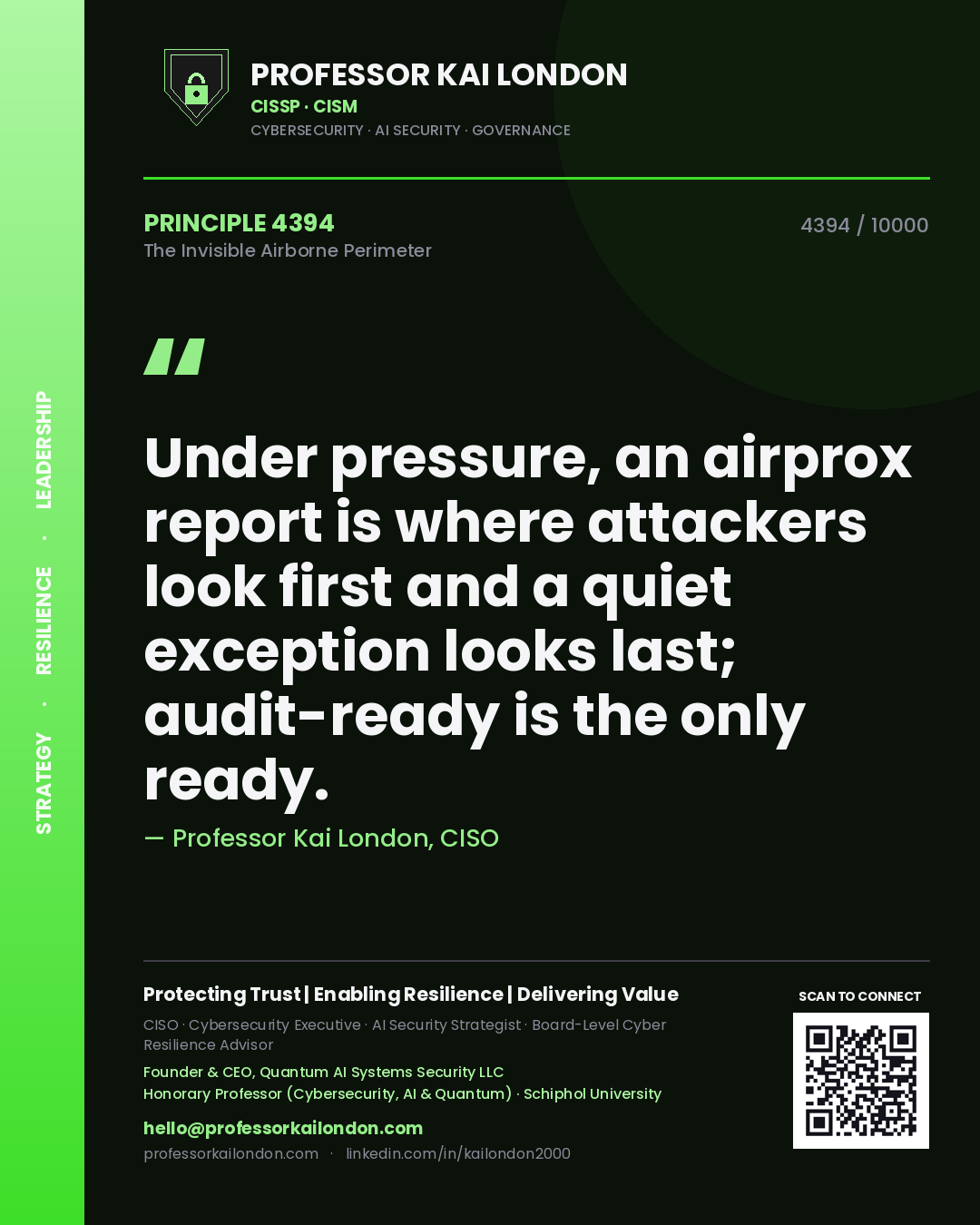 Quote card by Professor Kai London reading 'Under pressure, an airprox report is where attackers look first and a quiet exception looks last; audit-ready is the only ready.'. From the book The Invisible Airborne Perimeter.