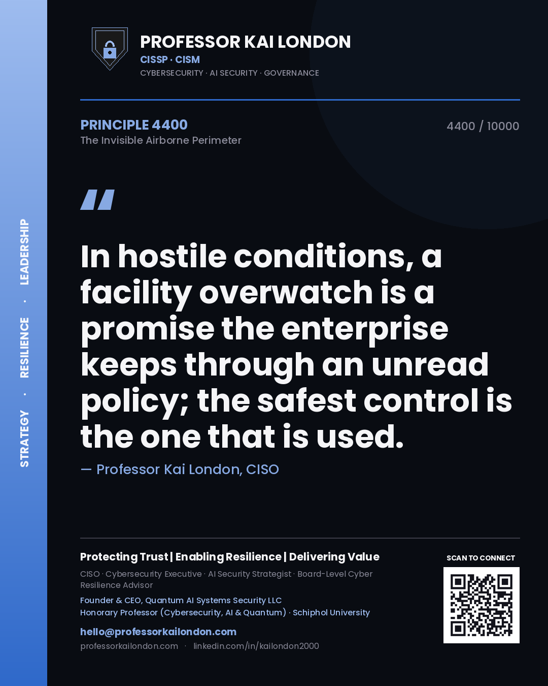 Professor Kai London principle 4400: In hostile conditions, a facility overwatch is a promise the enterprise keeps through an unread policy; the safest control is the one that is used.