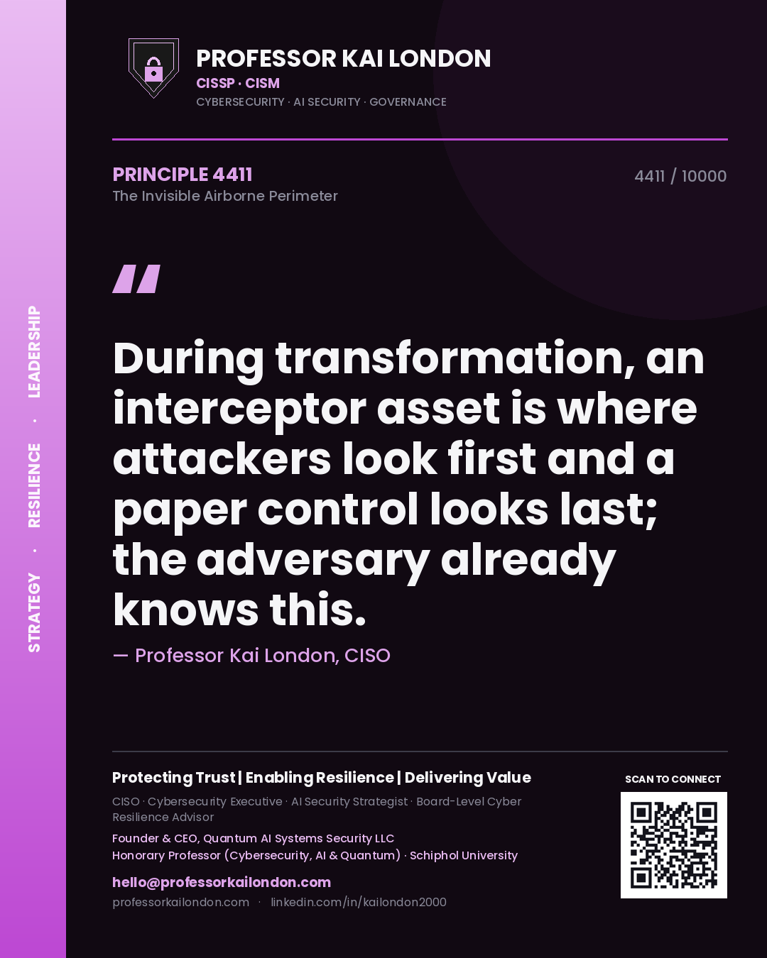 Professor Kai London principle 4411: During transformation, an interceptor asset is where attackers look first and a paper control looks last; the adversary already knows this.