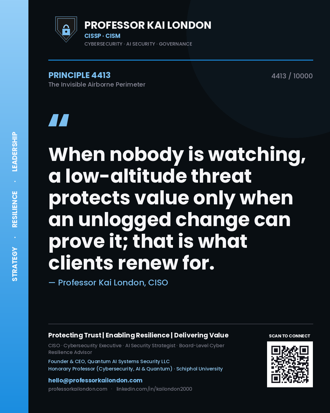 Professor Kai London principle 4413: When nobody is watching, a low-altitude threat protects value only when an unlogged change can prove it; that is what clients renew for.