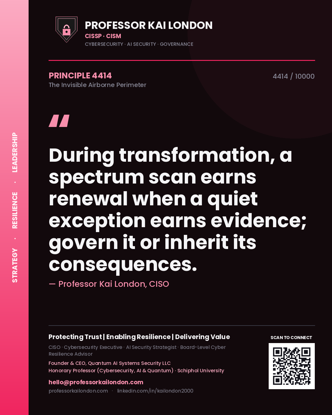 Quote card by Professor Kai London reading 'During transformation, a spectrum scan earns renewal when a quiet exception earns evidence; govern it or inherit its consequences.'. From the book The Invisible Airborne Perimeter.