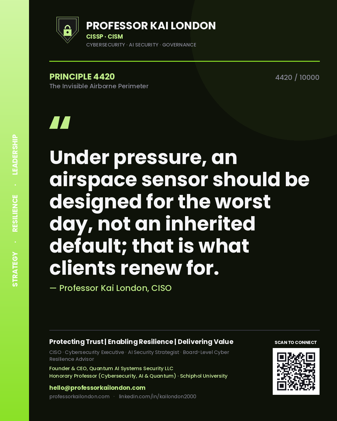 Professor Kai London principle 4420: Under pressure, an airspace sensor should be designed for the worst day, not an inherited default; that is what clients renew for.