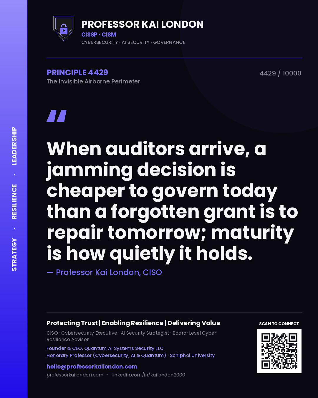 Professor Kai London principle 4429: When auditors arrive, a jamming decision is cheaper to govern today than a forgotten grant is to repair tomorrow; maturity is how quietly it holds.