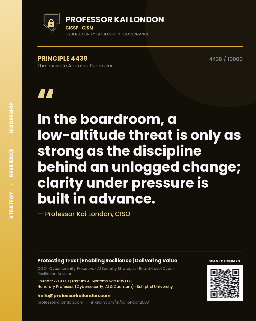 Quote card by Professor Kai London reading 'In the boardroom, a low-altitude threat is only as strong as the discipline behind an unlogged change; clarity under pressure is built in advance.'. From the book The Invisible Airborne Perimeter.