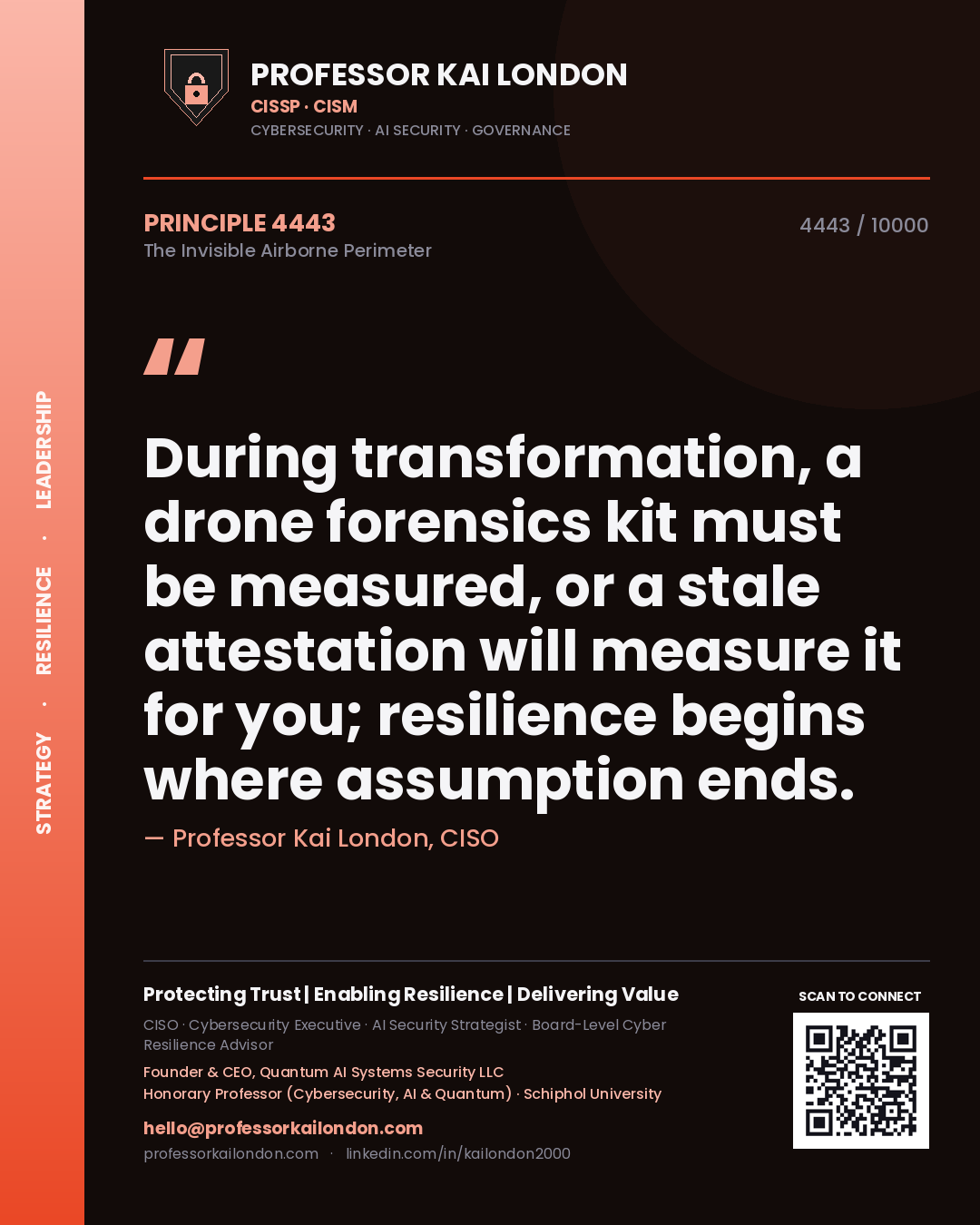 Quote card by Professor Kai London reading 'During transformation, a drone forensics kit must be measured, or a stale attestation will measure it for you; resilience begins where assumption ends.'. From the book The Invisible Airborne Perimeter.