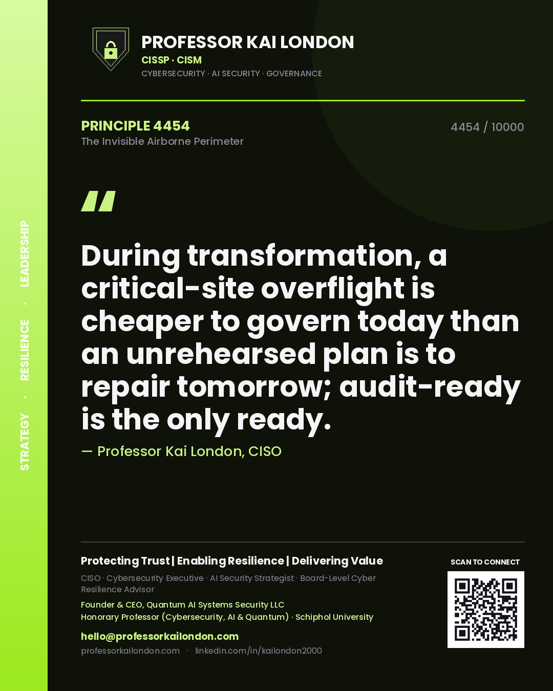 Quote card by Professor Kai London reading 'During transformation, a critical-site overflight is cheaper to govern today than an unrehearsed plan is to repair tomorrow; audit-ready is the only ready.'. From the book The Invisible Airborne Perimeter.