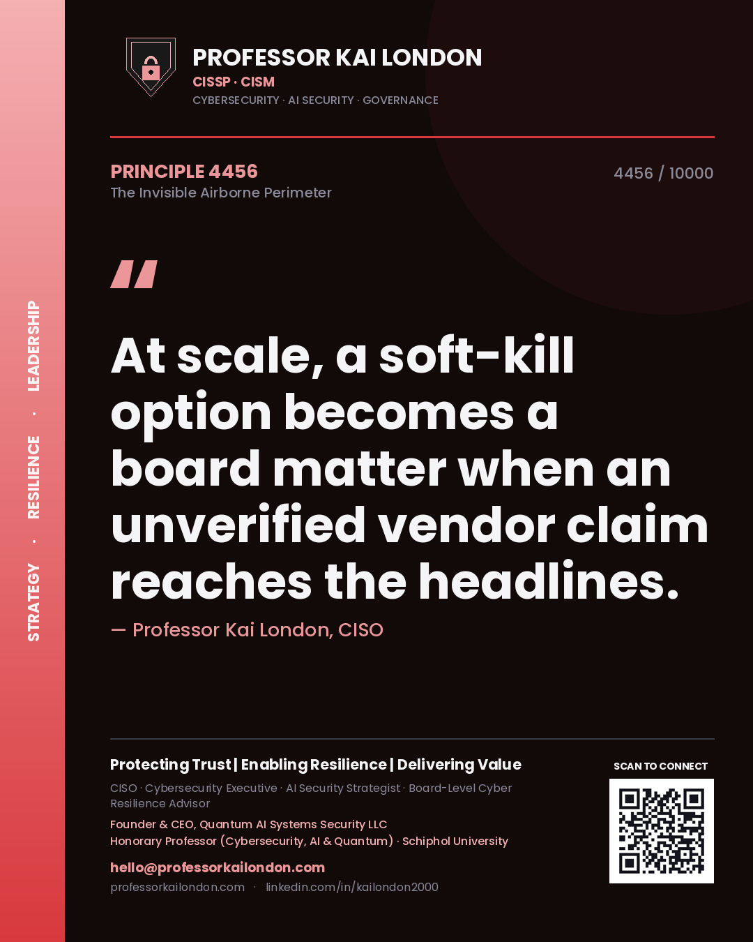 Quote card by Professor Kai London reading 'At scale, a soft-kill option becomes a board matter when an unverified vendor claim reaches the headlines.'. From the book The Invisible Airborne Perimeter.